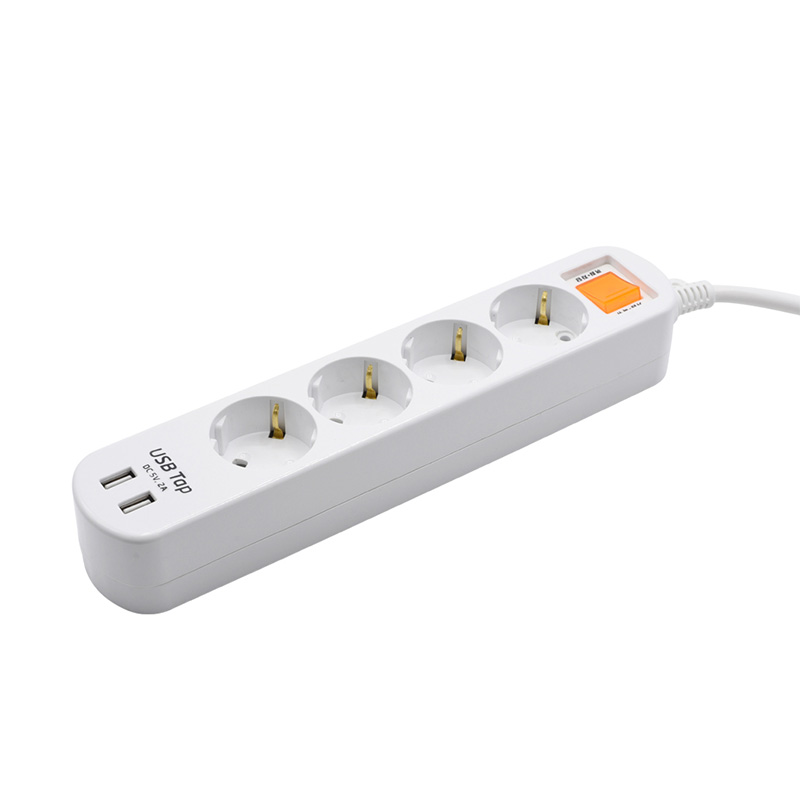 Gazdasági 4 üzlet az EU szabványos aljzat 2 USB -porttal és 1 túlterhelésvédelmi kapcsolóval Gazdasági 4 üzlet az EU szabványos aljzat 2 USB -porttal és 1 túlterhelésvédelmi kapcsolóval